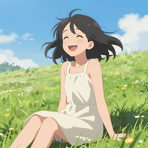 Laughing Anime Girl in Meadow
