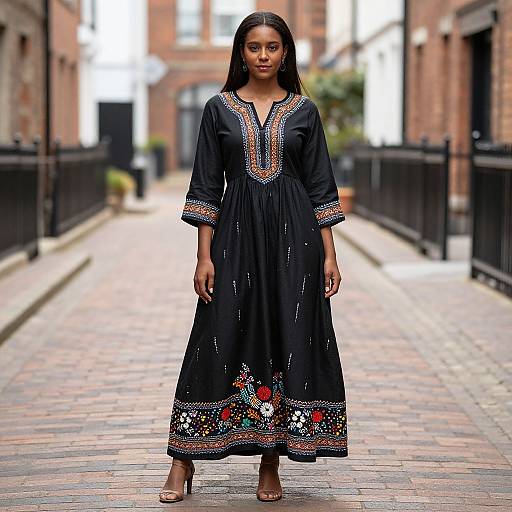 Photograph of a Black woman in a black, long-sleeved, embroidered dress with colorful floral patterns, standing on a brick alleyway between brick