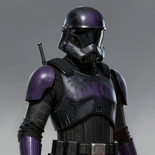 Photorealistic CGI of a sleek, purple armored stormtrooper with a glossy helmet and black tactical vest, set against a gradient gray background.