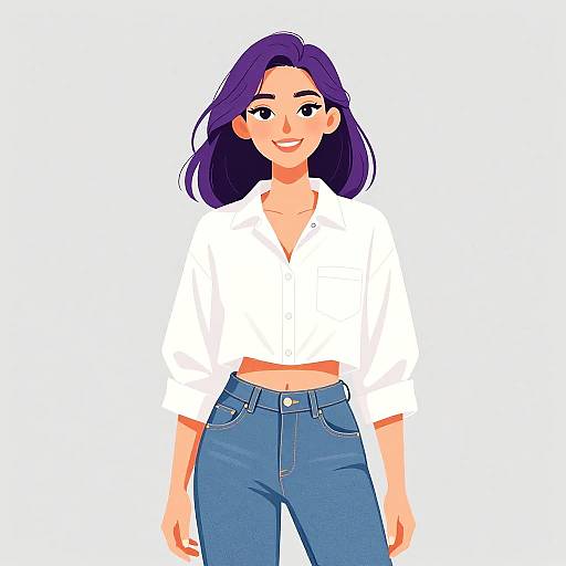 Digital illustration of a smiling woman with purple hair, wearing a white blouse and blue jeans, standing against a white background.