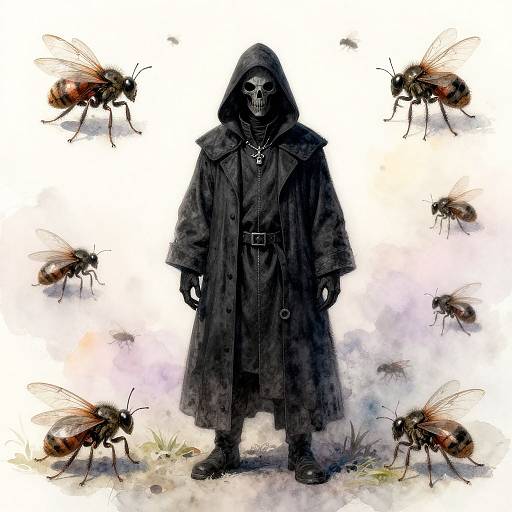 Digital drawing of a hooded figure in a black coat with a skull face, surrounded by six insects with translucent wings.
