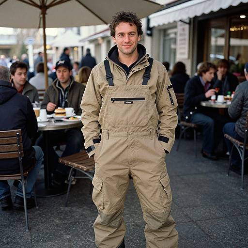 Photograph of a smiling man with short dark hair, wearing beige outdoor work pants and a black hooded jacket, standing in a busy outdoor café with