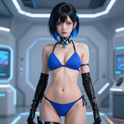 Digital CGI of an anime-style woman with short black hair, blue highlights, wearing a blue bikini, black gloves, and choker, standing in a