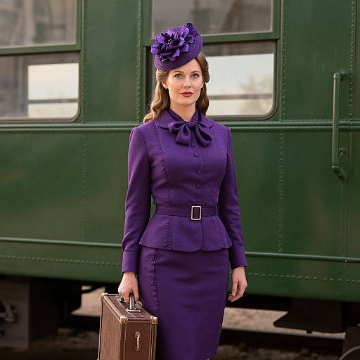 Photograph of a fair-skinned woman with brown hair, wearing a purple vintage dress and matching hat, holding a brown suitcase, standing in front of