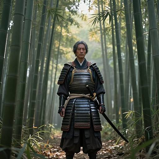 Photograph of a serious Asian samurai in full black armor, standing in a dense bamboo forest with sunlight filtering through.