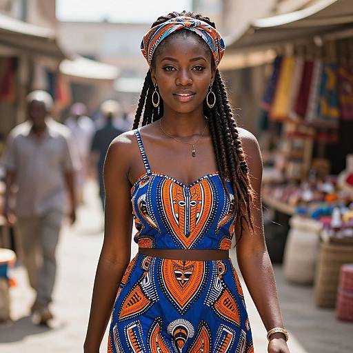 Photograph of a beautiful Black woman with long braids, wearing a vibrant blue and orange patterned dress and headwrap, standing confidently in a bustling