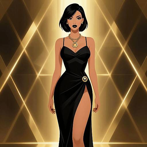 Digital art of a black-haired woman in a black, high-slit dress, gold jewelry, black lipstick, against a glowing geometric background.