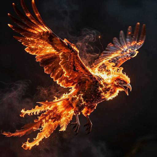 Photograph of a fiery phoenix in mid-flight, wings ablaze, orange and yellow flames illuminating its dark, smoky feathers against a black background