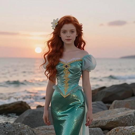 Redheaded Woman in Mermaid-Inspired Dress at Sunset Beach