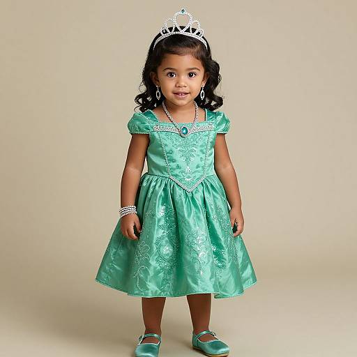 Photograph of a young South Asian girl with dark curly hair, wearing a turquoise princess dress, white tiara, and matching shoes, against a plain