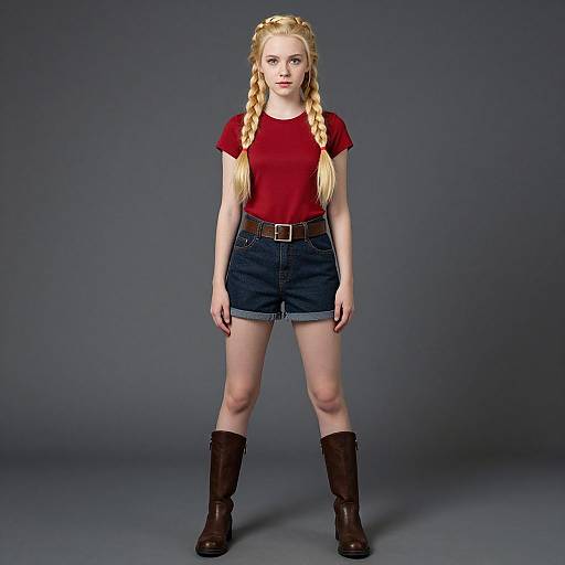 Photograph of a young blonde girl with braided hair, wearing a red t-shirt, blue denim shorts, brown belt, and brown boots, standing