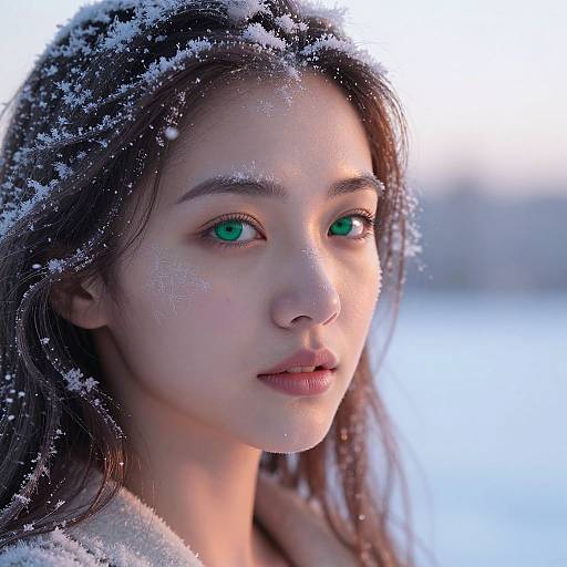 Close-up photograph of a young woman with green eyes and fair skin, snowflakes on her dark brown hair, wearing a white coat, against a