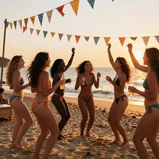 Photograph of six women in bikinis dancing on a sandy beach at sunset, with colorful triangular flags overhead and ocean in the background.