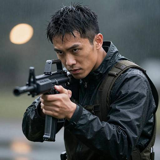 Man Aiming Assault Rifle in Rain