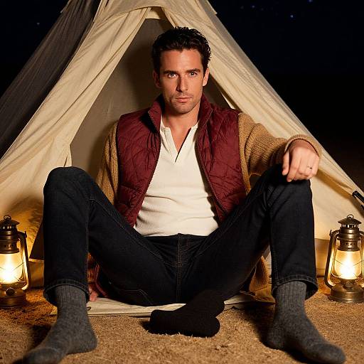 Photograph: Attractive man with dark hair, red vest, white shirt, black pants, gray socks, sitting inside a tent at night, surrounded