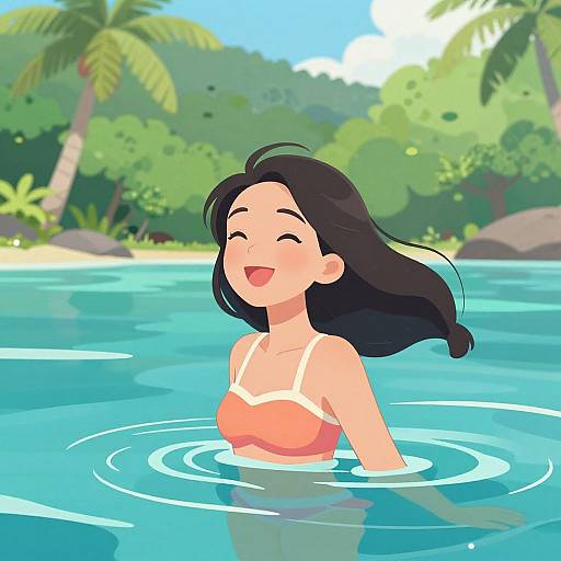 Digital cartoon of a smiling Asian woman with long black hair, wearing an orange bikini, happily swimming in a tropical lagoon.