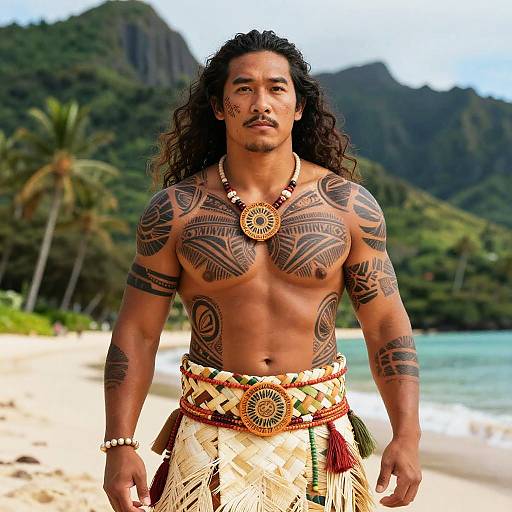 Photograph of a muscular, tattooed, tan-skinned man with long black hair, wearing a traditional Hawaiian loincloth and necklace, standing on