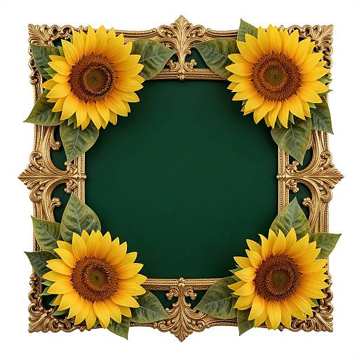 Ornate gold frame with four vibrant sunflowers, green leaves, surrounding a dark green center. Digital art, symmetrical, floral design.