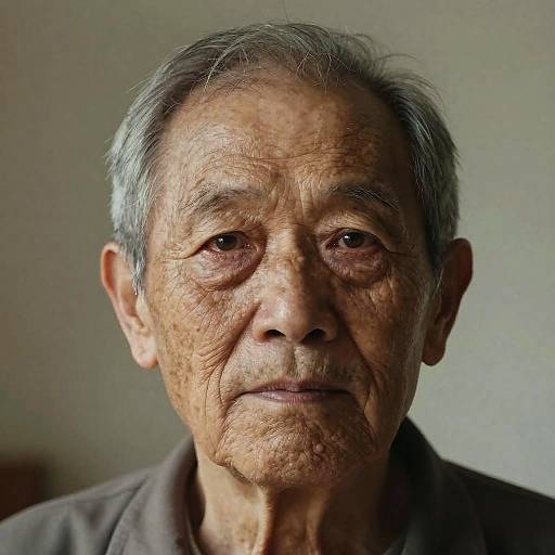 Close-up photograph of an elderly Asian man with wrinkled skin, gray hair, and serious expression, wearing a brown collared shirt, against a blurred