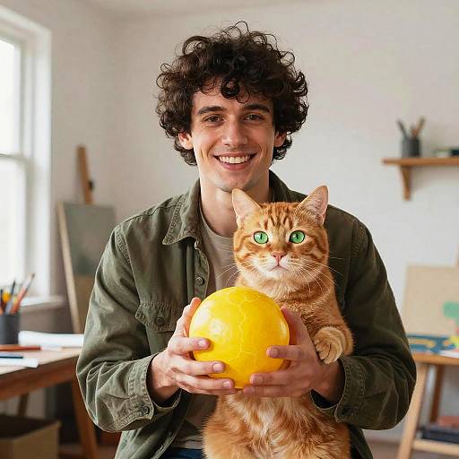 Photograph of a curly-haired young man with a bright smile, holding an orange ball and a curious orange tabby cat with green eyes, in a
