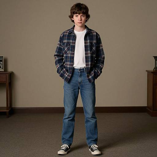 Photograph of a young boy with curly brown hair, wearing a blue plaid shirt, white t-shirt, blue jeans, and black sneakers, standing