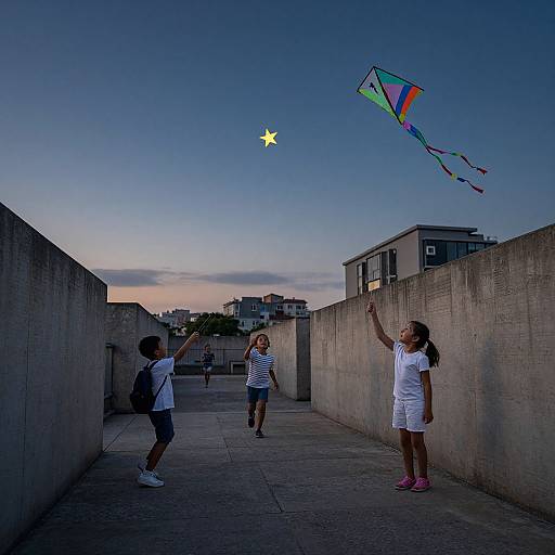 Photograph of three children flying colorful kites and a star kite in a concrete alley at dusk, with urban buildings in the background under a blue,