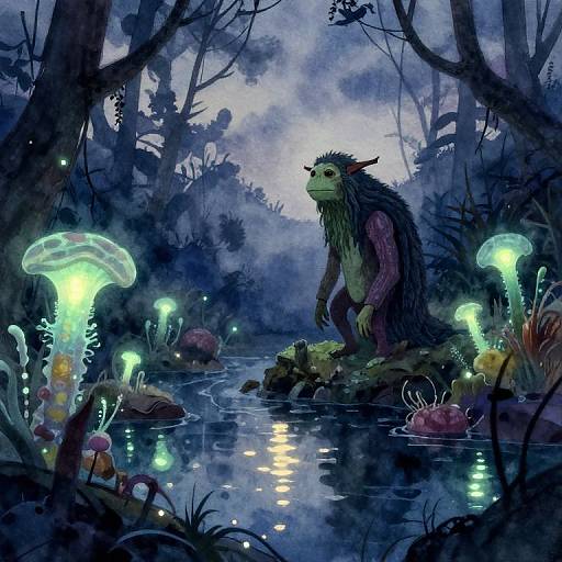 Fantastical digital painting of a humanoid wolf with green and purple fur, standing by a glowing, bioluminescent forest pond at night, surrounded