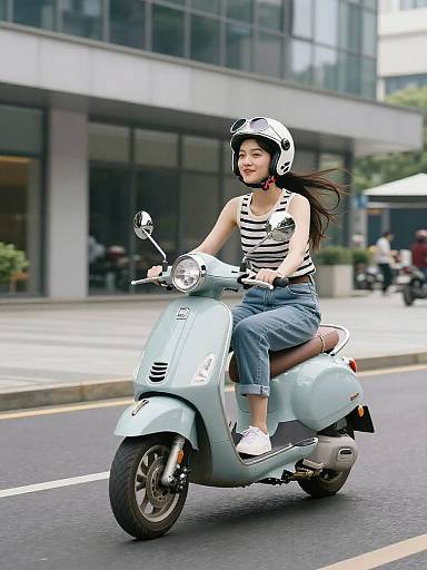 Carefree Woman Riding Light Blue Scooter