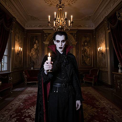 Photograph of a pale, dark-haired vampire with black lipstick and red ruffled collar, holding a lit candle in an ornate, dimly-l