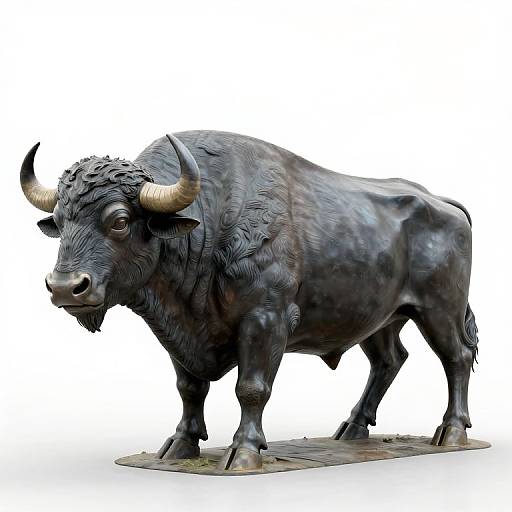 Photorealistic digital rendering of a black, textured bison with large horns, standing on a metal grid platform against a white background.