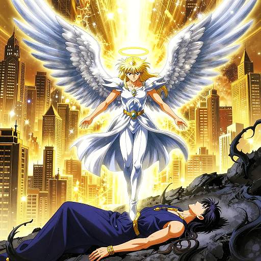 Anime-style digital artwork: Angelic figure with white wings and golden halo descends over sleeping dark-haired man in blue robe, amidst glowing cityscape and