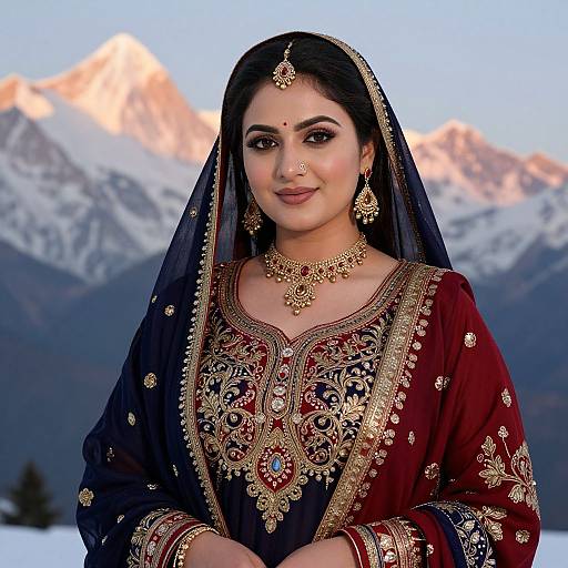 Photograph of a South Asian woman in traditional red and gold embroidered lehenga, black veil, and ornate jewelry, standing against snowy mountain backdrop at