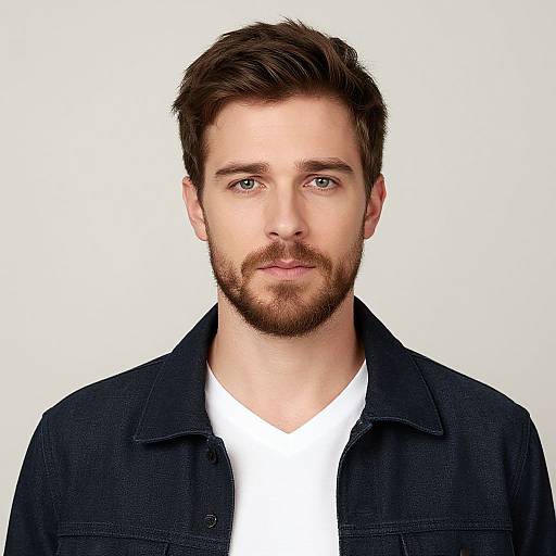 Photograph of a Caucasian man with short, brown, wavy hair, beard, and blue eyes, wearing a black denim shirt over a white V