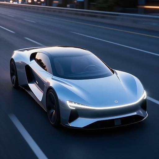 Photograph of a sleek, silver, futuristic sports car with glowing white headlights speeding on a dark, empty highway at night.