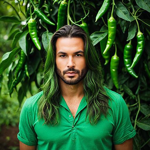 Man with Green Hair Among Green Chillies