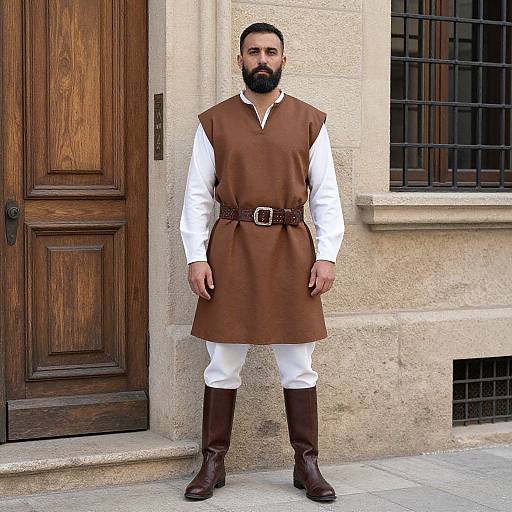 Photograph of a bearded man with dark hair, wearing a brown medieval-style tunic, white shirt, white pants, and brown boots, standing