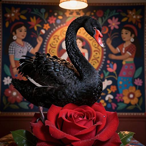 Photograph of a black swan with iridescent feathers, standing on a large red rose, against a colorful, traditional Mexican mural with two women