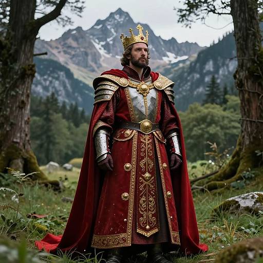 Photograph of a bearded king in medieval armor, gold crown, red and gold ornate robe, standing in a lush forest with mountains in the