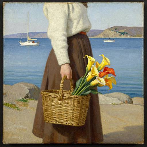 Photograph of a woman in a white sweater and brown skirt, holding a wicker basket with yellow and red daffodils, by a calm