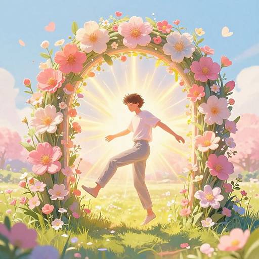 Digital anime-style drawing of a boy in white shirt and pants, running through a sunlit, flower-adorned archway in a vibrant meadow