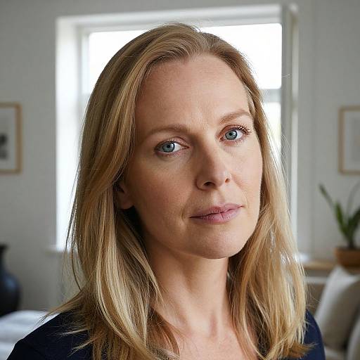 Photograph of a fair-skinned, blonde-haired woman with blue eyes, light makeup, and a serious expression, set against a brightly lit, modern