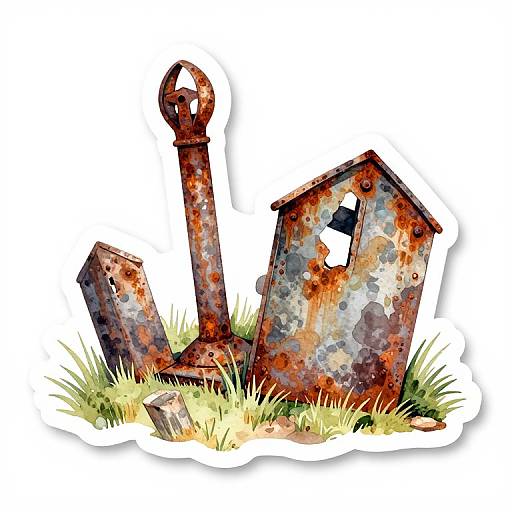 Watercolor illustration of rusted, weathered anchor and house-shaped metal debris, surrounded by tufts of grass against a white background.