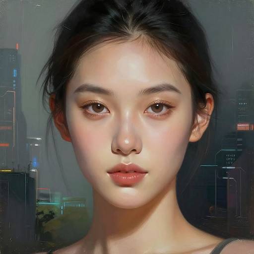 Digital portrait of an Asian woman with fair skin, black hair, brown eyes, and soft pink lips, set against a futuristic cityscape background.
