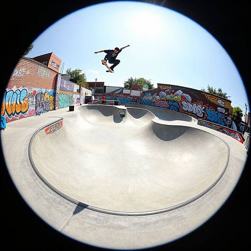 Fisheye lens photo of a skateboarder mid-air in a graffiti-covered concrete skate park, with bright sunlight and clear sky.