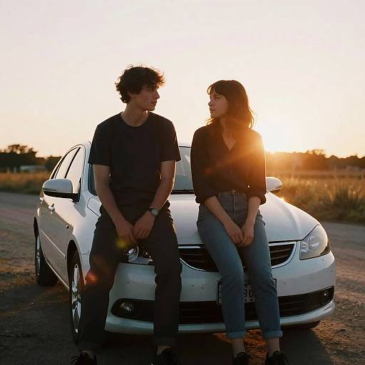 Young Couple Sitting on Car Hood at Sunset