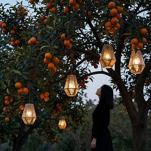 Photograph of a woman in black standing under an orange tree with glowing lanterns hanging among ripe oranges at dusk.