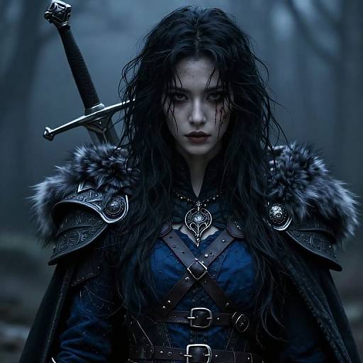 Photorealistic digital art of a fierce, pale-skinned woman with long, wet black hair, wearing fur-lined armor and carrying a sword, in