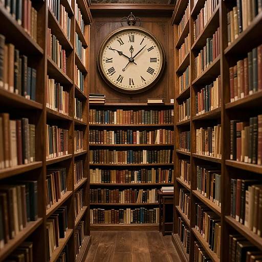 Photograph of a narrow, wooden library aisle with tall bookshelves on both sides and a large, antique clock centered above. Warm, dim lighting