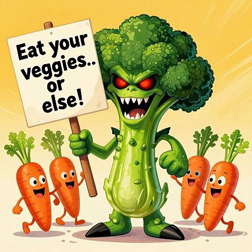 Cartoon broccoli with angry red eyes and sharp teeth, holding a sign saying 