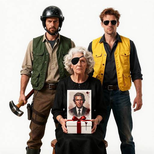 Three Intense Characters with Blood-Stained Items